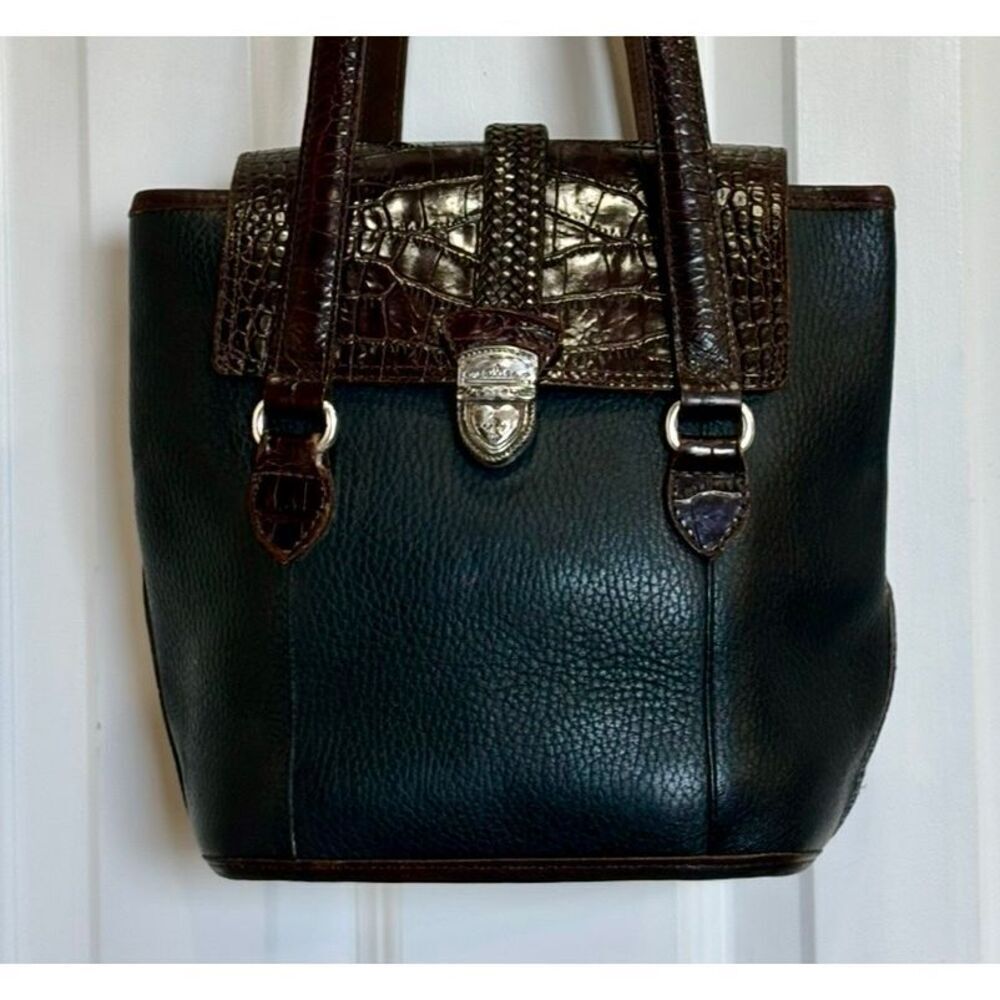 BRIGHTON 🎉2X HP🎉 Vintage Brown & Black Bucket Shoulder Bag/Croc-Embossed Detail - Picture 1 of 14